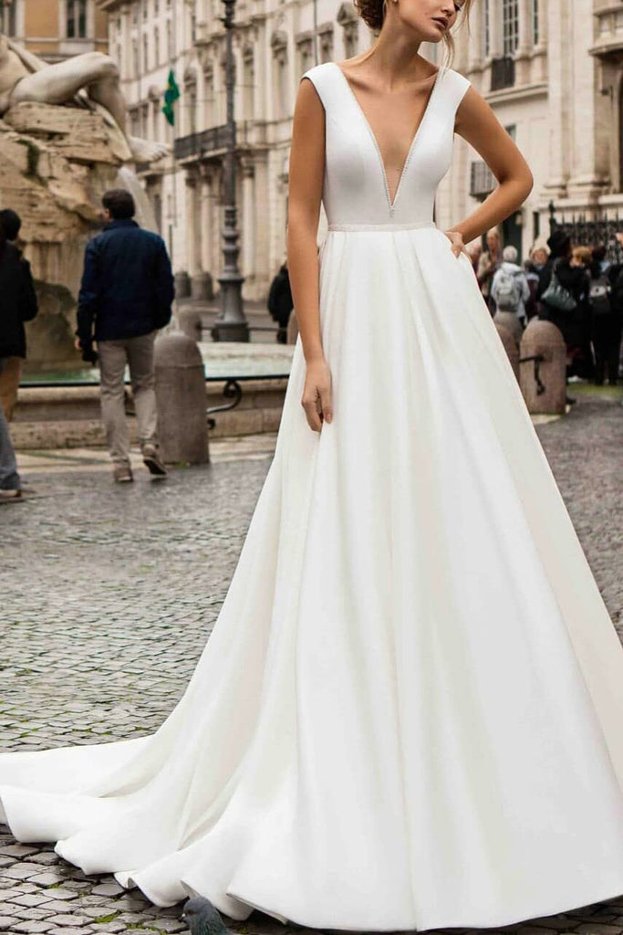Elegant White Deep V-neck A-line Prom Dress Wedding Gown
