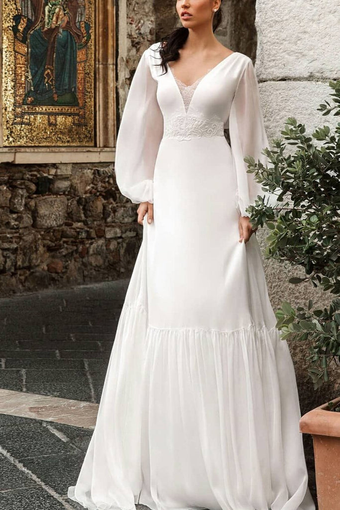 Elegant White Long Sleeves V-neck A-line Prom Dress