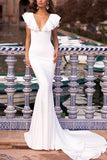 White Mermaid V-neck Cap Sleeves Ruffled Evening Prom Dress