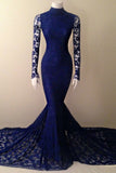 Navy Blue Mermaid Lace Long Sleeves High Neck Prom Evening Dress