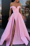 Candy Pink Off-the-shoulder A-Line Evening Dress Prom Gown