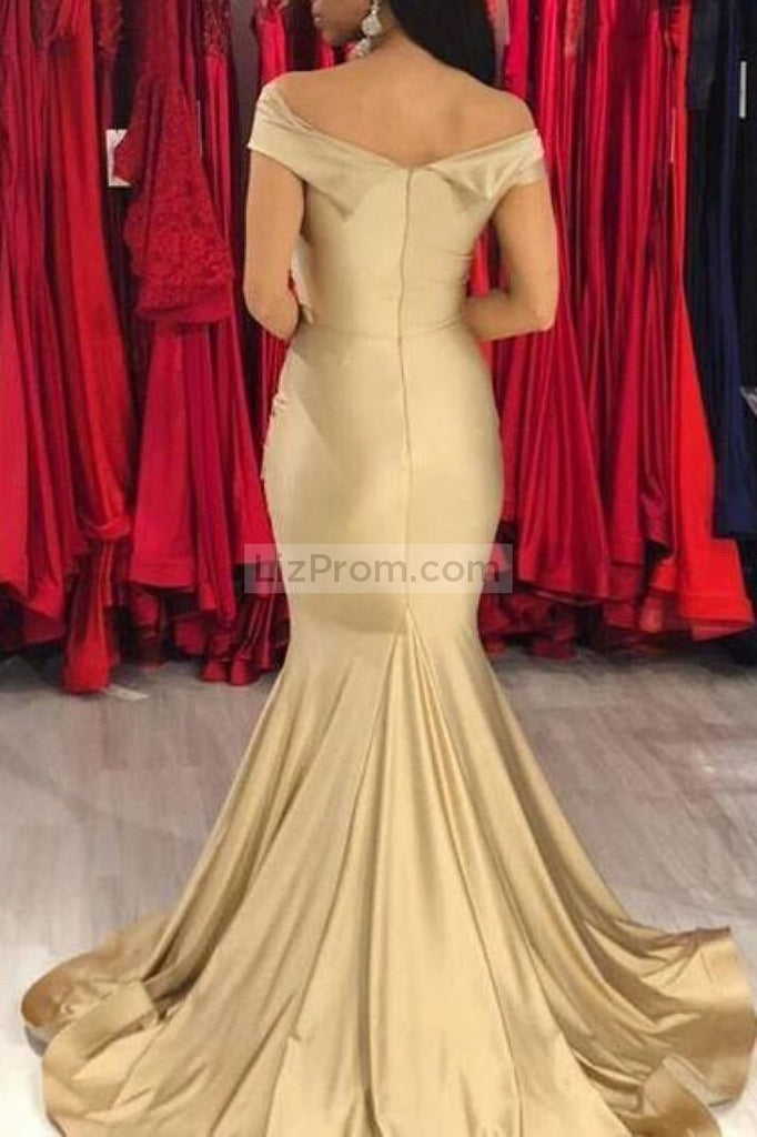 Gold Off The Shoulder Ruffled Backless Long Mermaid Evening Prom Dress Dresses