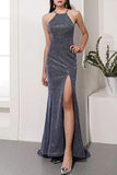 Gray Mermaid sparkly Sequined Evening gown, Prom Dress with a thigh-high slit.