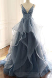 Gray Luxury Applique V-neck Wedding Ruffled Dress