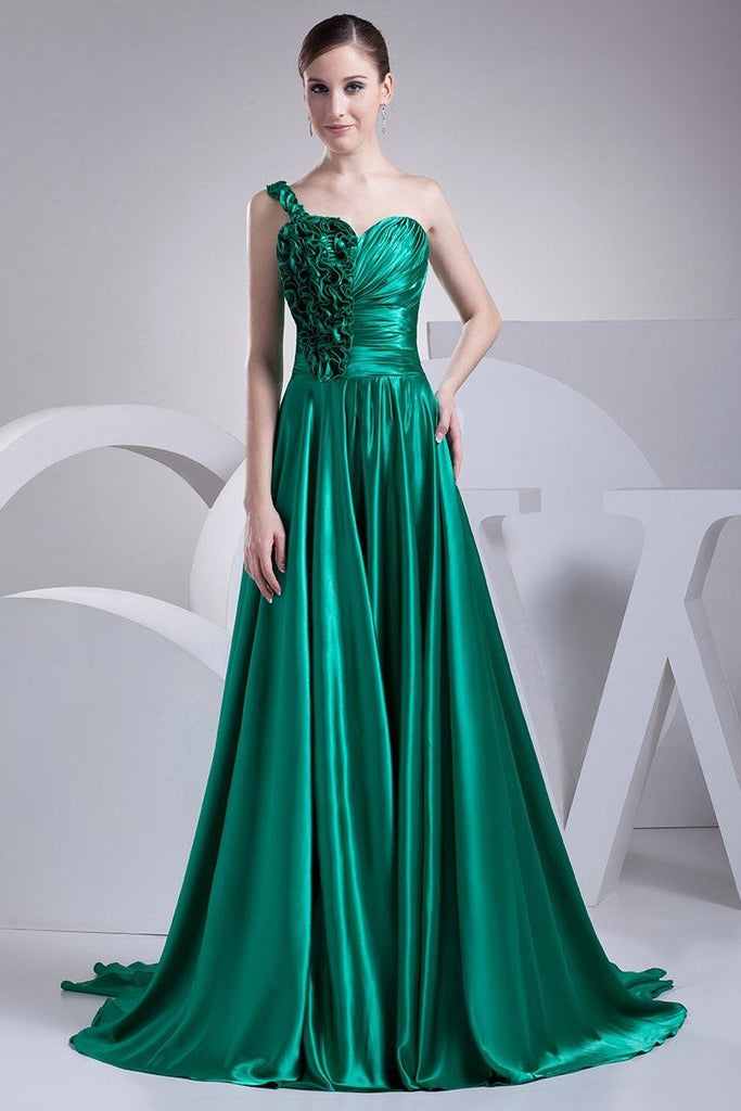 Green One Shoulder Ruffled A-line Prom Dress