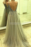 Grey Sexy Deep V-neck Thigh-high Slit Beaded Prom Dress