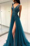 Ink Blue V-neck Appliques Thigh-high Split Prom Evening Dress