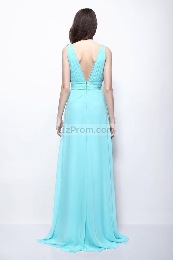 Light Sky Blue Deep V-neck Chiffon Prom Formal Dress