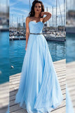 Light Sky Blue A-line Beading Strapless Chiffon Prom Dress