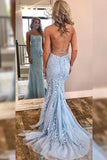 Light Sky Blue Applique Mermaid Evening Prom Dress