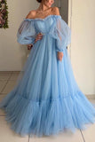 Light Sky Blue Off Shoulder Ruffled Long Sleeves Ball Gown