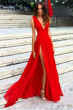 Red Deep V-Neck Thigh-high Slit Maxi Prom Dress