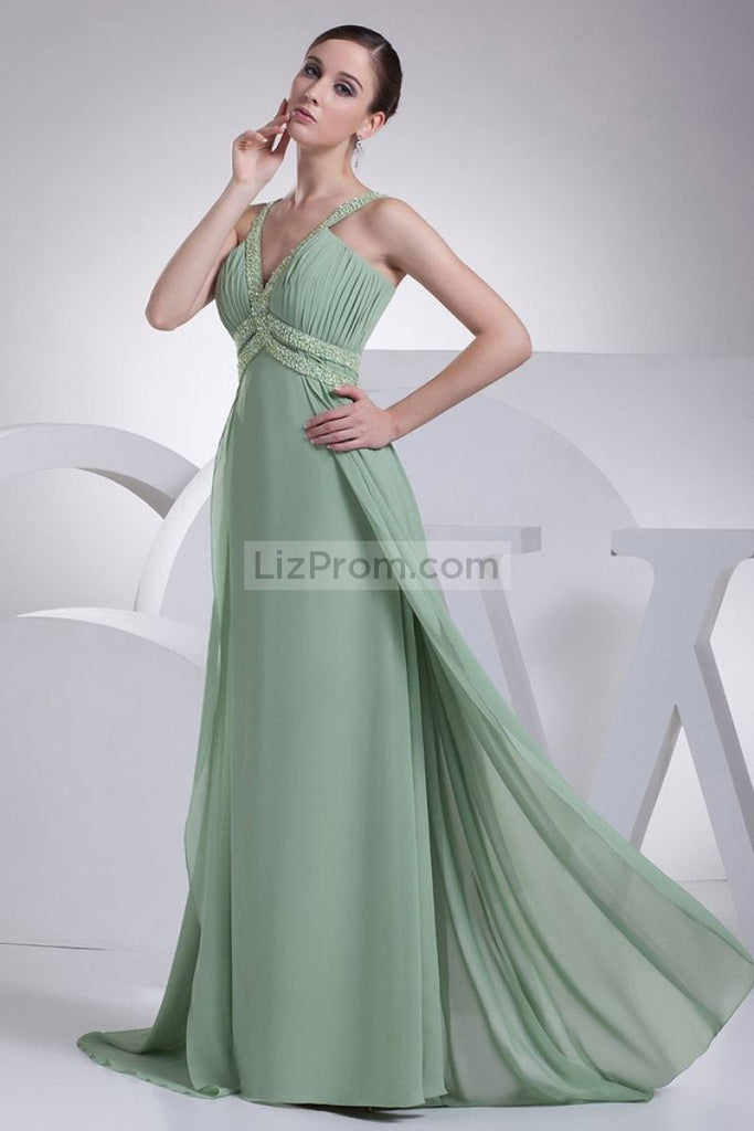 Mint V-Neck A-Line Chiffon Beaded Bridesmaid Prom Dress Dresses
