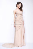 Champagne One Shoulder Thigh-high Slit Bridesmaid Formal Dress