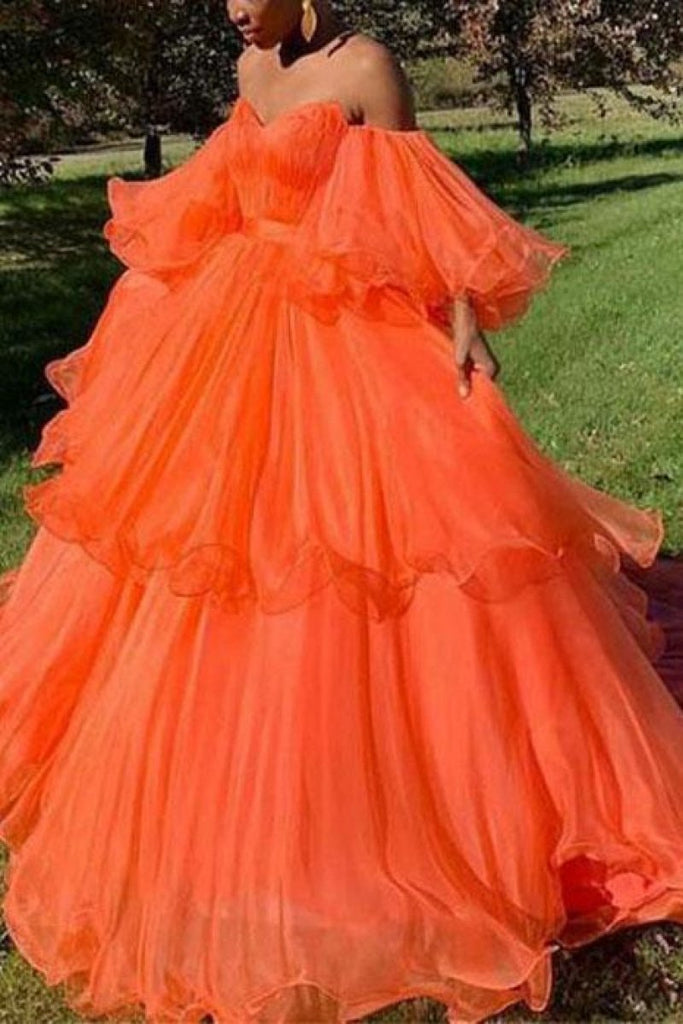 Orange Strapless Sweetheart Off The Shoulder Ruffled Evening Ball Gown Dresses