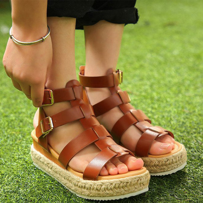 PU Espadrille Platform Sandals With Buckles - Mislish