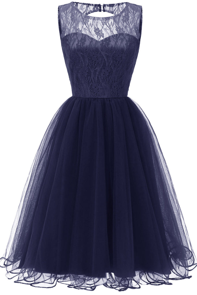 Dark Navy Sleeveless Tulle A-Line Homecoming Party Dress 