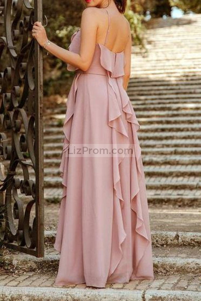 Pink A-line Floor Ruffles Bridesmaids Evening Dress