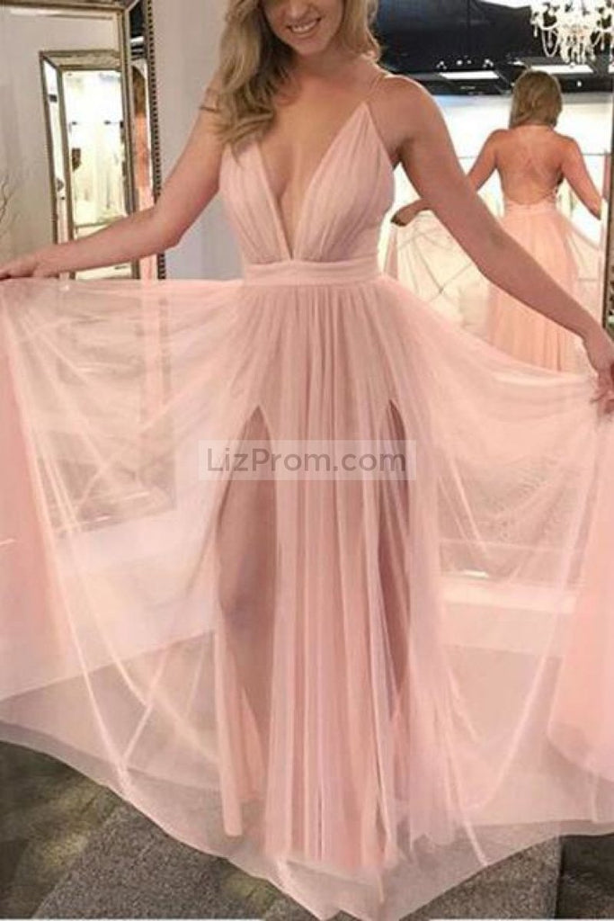 Pink Low V-neck Tulle A-line Evening Dress With Spaghetti Straps