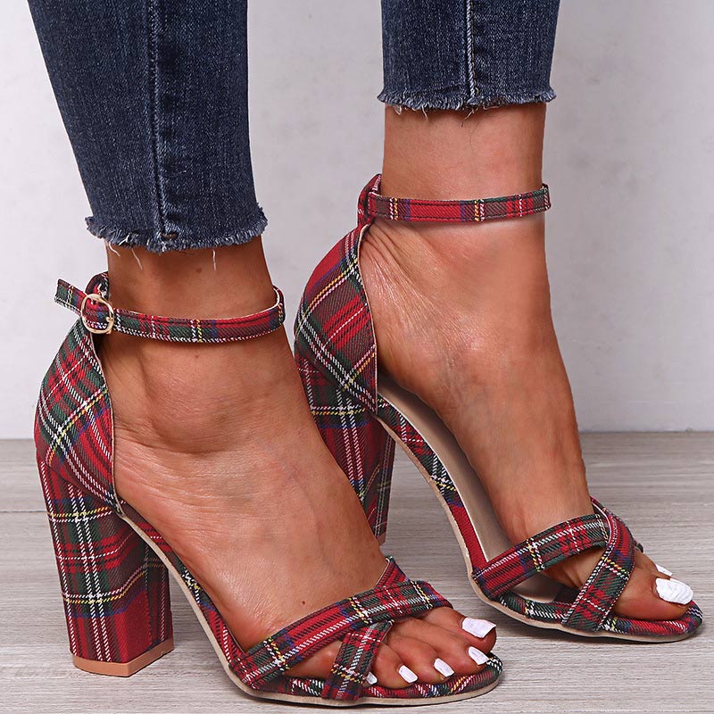 Plaid Ankle Strap Chunky Heel Sandals - Mislish