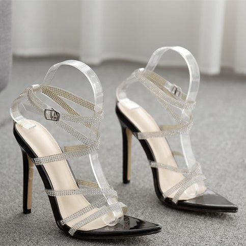 Pointed Toe Gladiator Shoes Rhinestone Stiletto Heel Sandals - Mislish