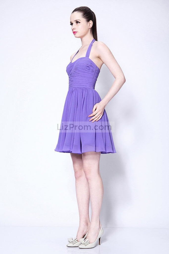 Purple Halter Fit And Flare Party Short Dress