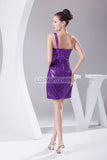 Purple One Shoulder Sequin Beaded Mini Prom Dress