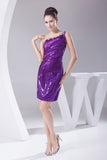 Purple One Shoulder Sequin Beaded Mini Prom Dress