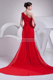 Red A-line One Shoulder Ruffle Prom Evening Dress