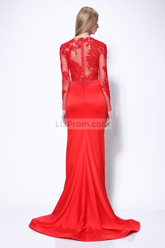 Red Mermaid Applique Prom Wedding Dress With Long Sleeves