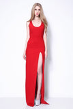 Red Thigh-high Slit Column Fitted Prom Dress