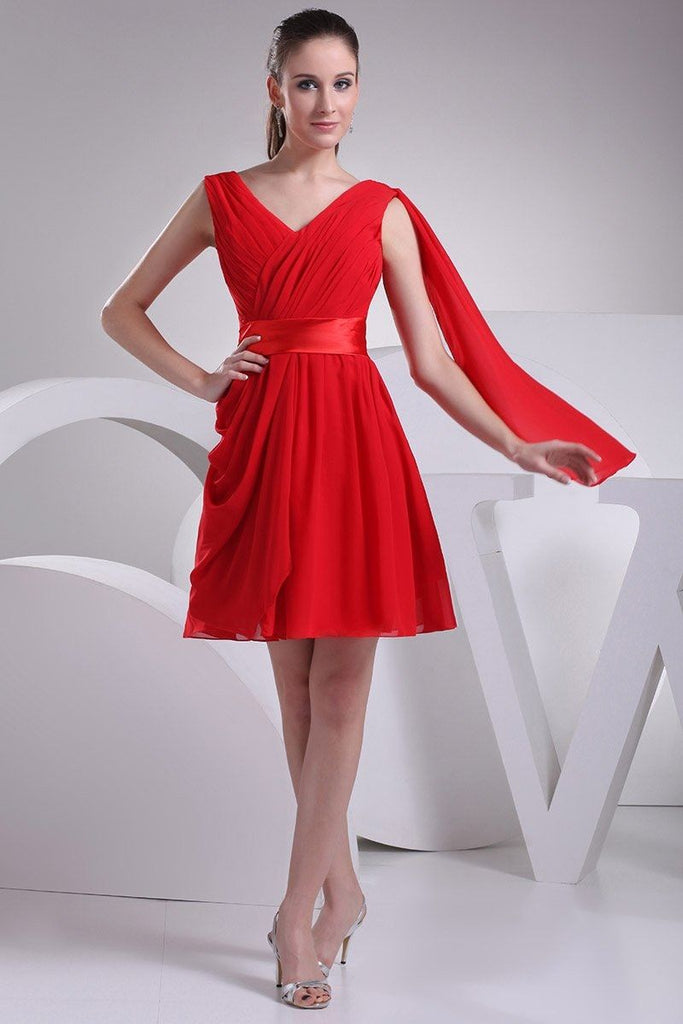 Red V-neck Chiffon Ruffled Little Red Dress