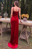 Red Velvet Side Slit Prom Dress Evening Gown