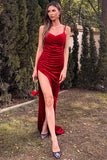 Red Velvet Side Slit Prom Dress Evening Gown