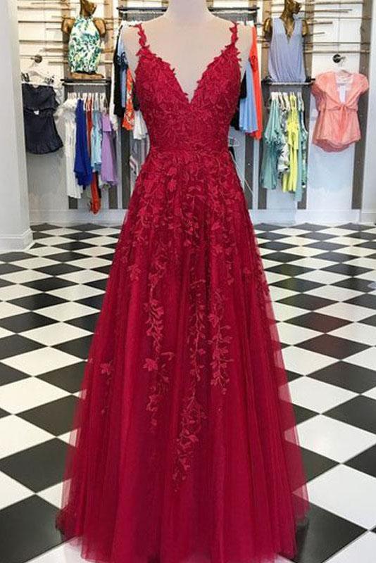 Red Fancy Applique A-line V-neck Wedding Prom Dress