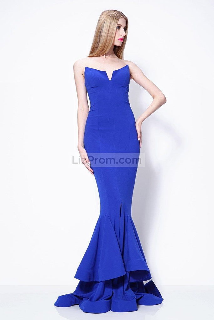 Royal Blue Strapless Ruffled Mermaid Prom Dress