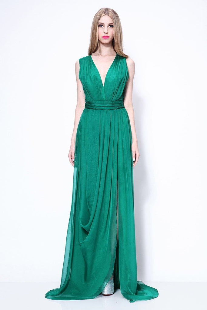 Sexy Green V-neck Chiffon Thigh-high Slit Prom Formal Dress