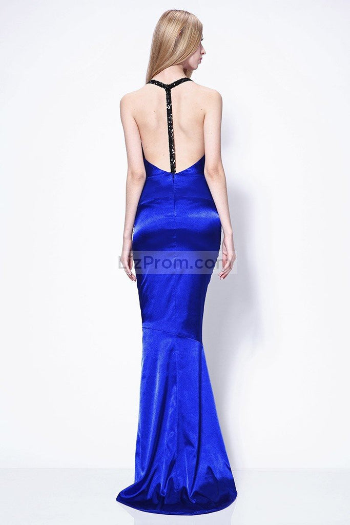 Sexy Royal Blue Mermaid Deep V-neck Open Back Prom Dress
