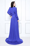 Sexy Royal Blue Thigh-high Slit Evening Formal Dress With Long Sleeves
