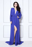 Sexy Royal Blue Thigh-high Slit Evening Formal Dress With Long Sleeves