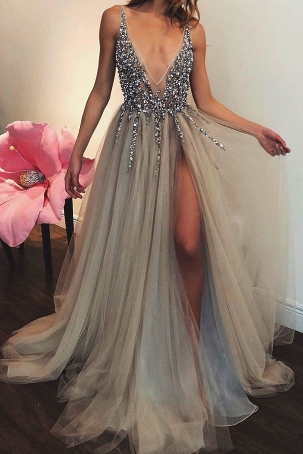 Grey Sexy Deep V-neck Thigh-high Slit Beaded Prom Dress