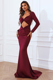 Sexy Burgundy Cut Out Long Sleeve Formal Evening Dress