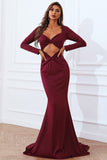 Sexy Burgundy Cut Out Long Sleeve Formal Evening Dress