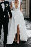 Sexy A-Line Plunge Sleeveless Wedding Dress With V-neck