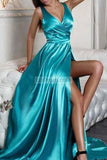 Sexy Blue Sleeveless V-Neck Slit Long Evening Prom Dress Dresses