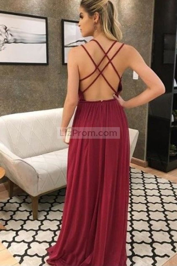 Sexy Burgundy Backless 2 Slits Evening Gown Prom Dress 0 Dresses