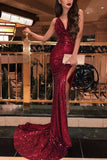 Sexy Burgundy Thigh-high Slit Sequined Mermaid Prom Dress