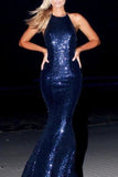 Sexy Dark Navy Halter Open Back Mermaid Sequins Prom Dress Dresses