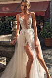 Deep V-neck Sexy Applique See Through Thigh-high Slit Prom Dress