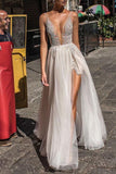 Deep V-neck Sexy Applique See Through Thigh-high Slit Prom Dress